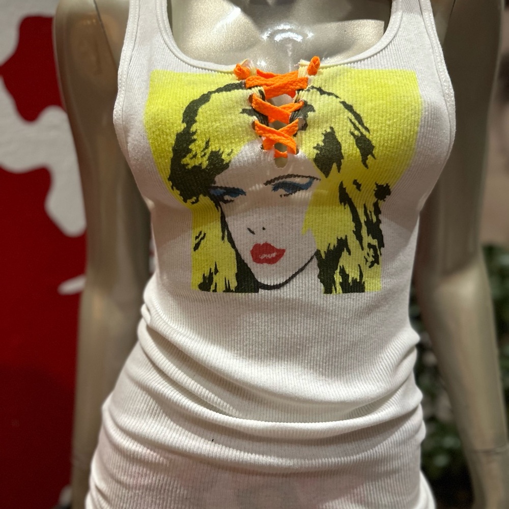 ⚡️DEBBIE HARRY graffiti soft distressed lace-up keyhole ribbed tank top M